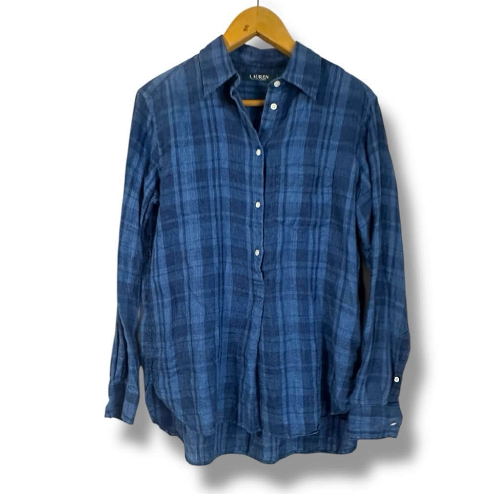 Lauren Ralph Lauren Blue Plaid Linen 1/2 Button Tunic Top Women's Size Medium